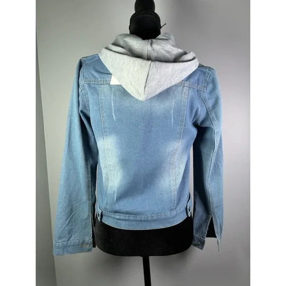 JZNZ Womens Medium Lightwashed Denim Jean Jacket Detachable Hood Distressed Blue - Picture 2 of 7